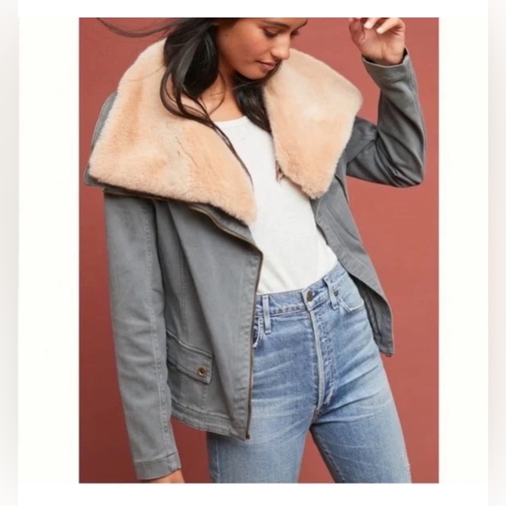 Women Marrakech Anthropologie Olive Gray Jacket Removable Faux Fur Collar Sz M